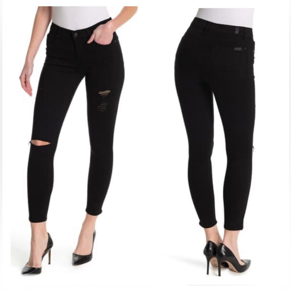 7FAM BLACK GWENEVERE MID-RISE DESTROYED SKINNY ANKLE JEANS EUC WORN ONCE 29